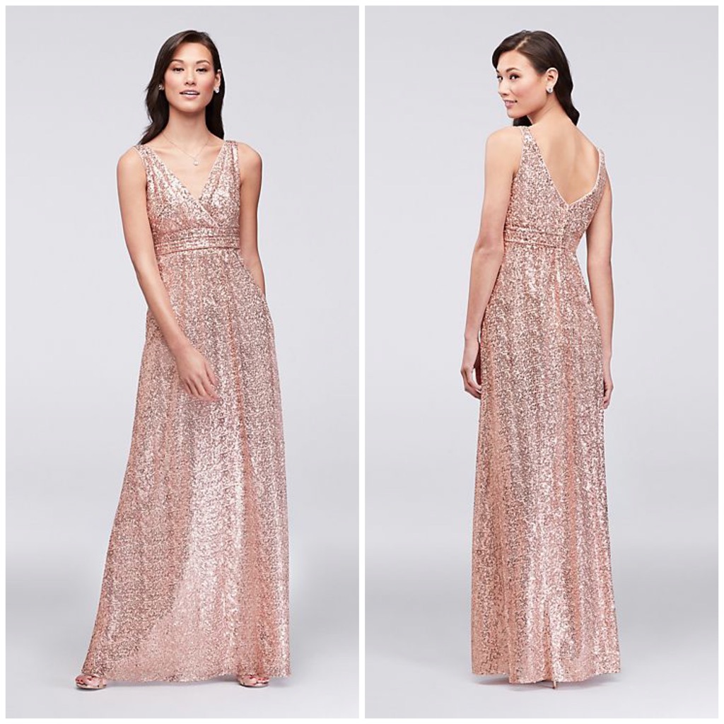 David's Bridal | Dresses | Davids Bridal Rose Gold Sequin Vneck Bridesmaids  Dress With Satin Pipi | Poshmark